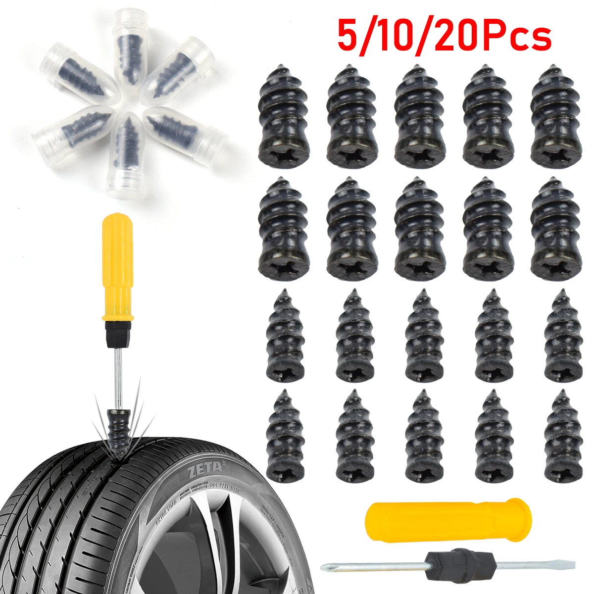 Kit reparación pinchazos neumáticos sin cámara para coche y moto