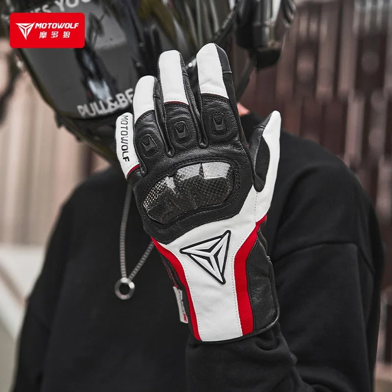 Guantes Térmicos de terciopelo para montar en motocicleta, funda protectora de fibra de carbono, a prueba de viento, a prueba de caídas, guantes de cuero para pantalla táctil, 3M, Invierno - imagen 2