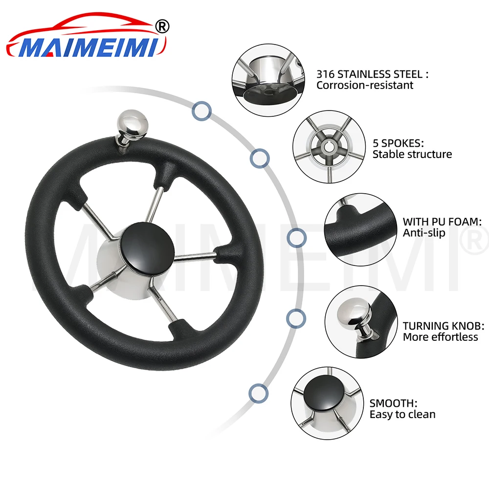 Volante marino negro en acero inoxidable con antideslizante y perilla - imagen 4