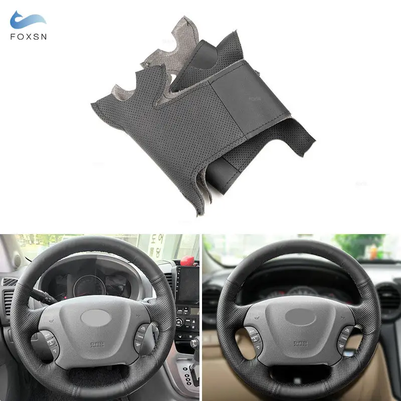 Funda trenzada de volante cuero negro cosida a mano Kia Carnival II