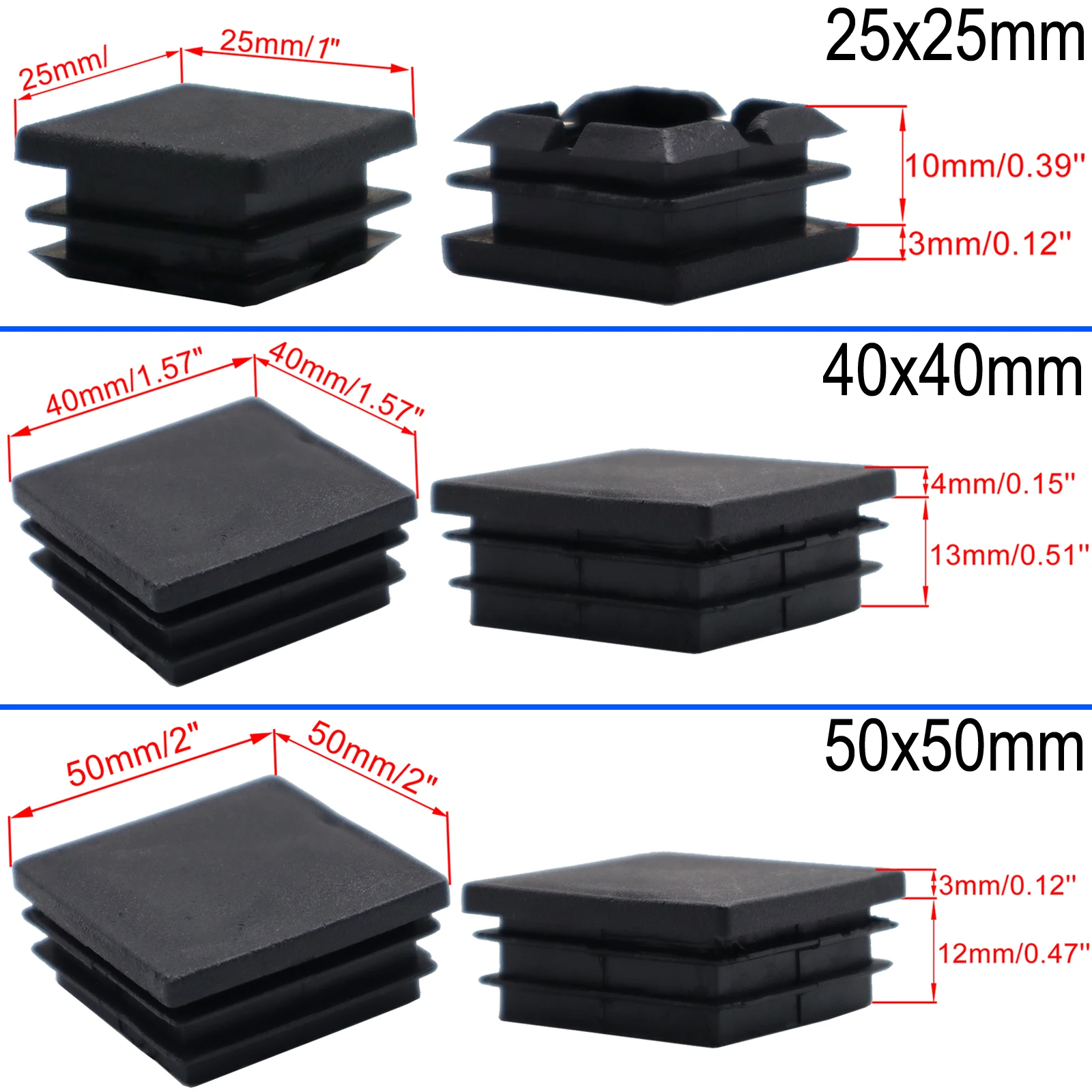 Tapones negros para tubo cuadrado 25-50 mm – patas de muebles - imagen 2