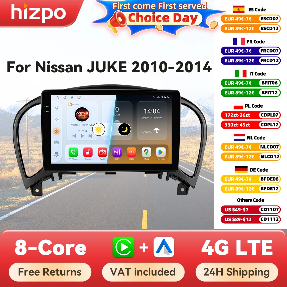 Autorradio Hizpo con CarPlay y Android Auto GPS – Nissan Juke YF15 2010-2014