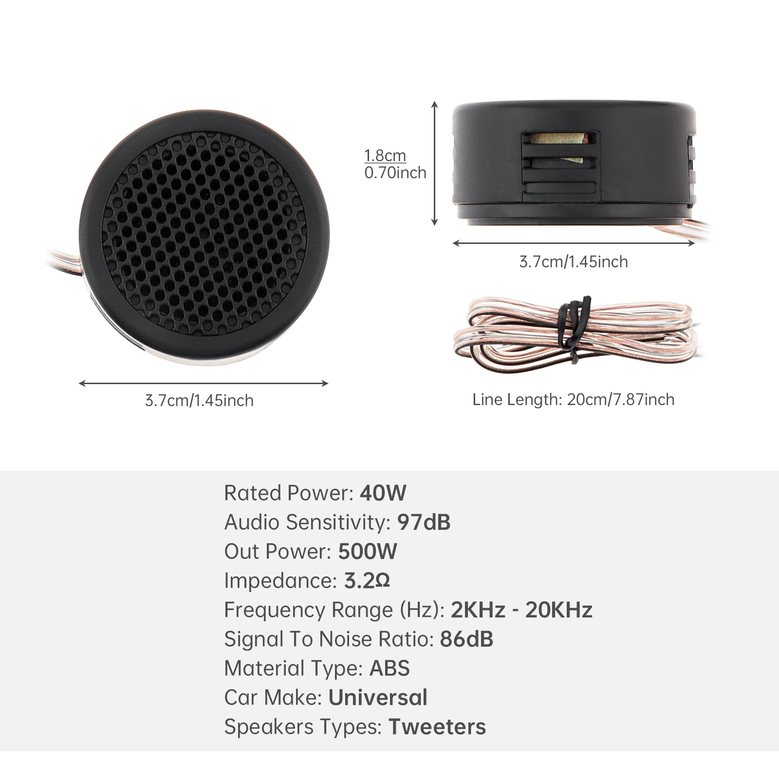 Tweeter domo mini 500W de alta eficiencia para coche – negro