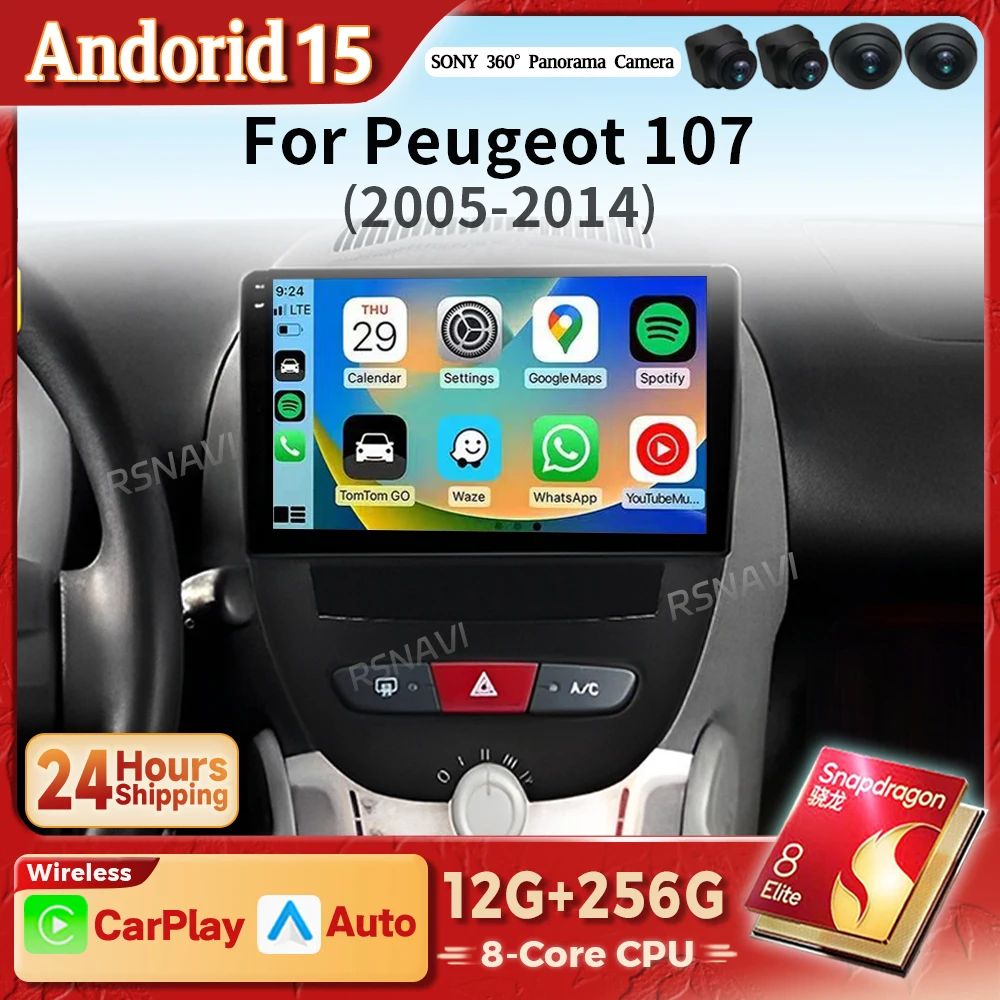 Qualcomm Android 15 CarPlay Auto Radio reproductor Multimedia para Peugeot 107, Citroen C1, Toyota Aygo