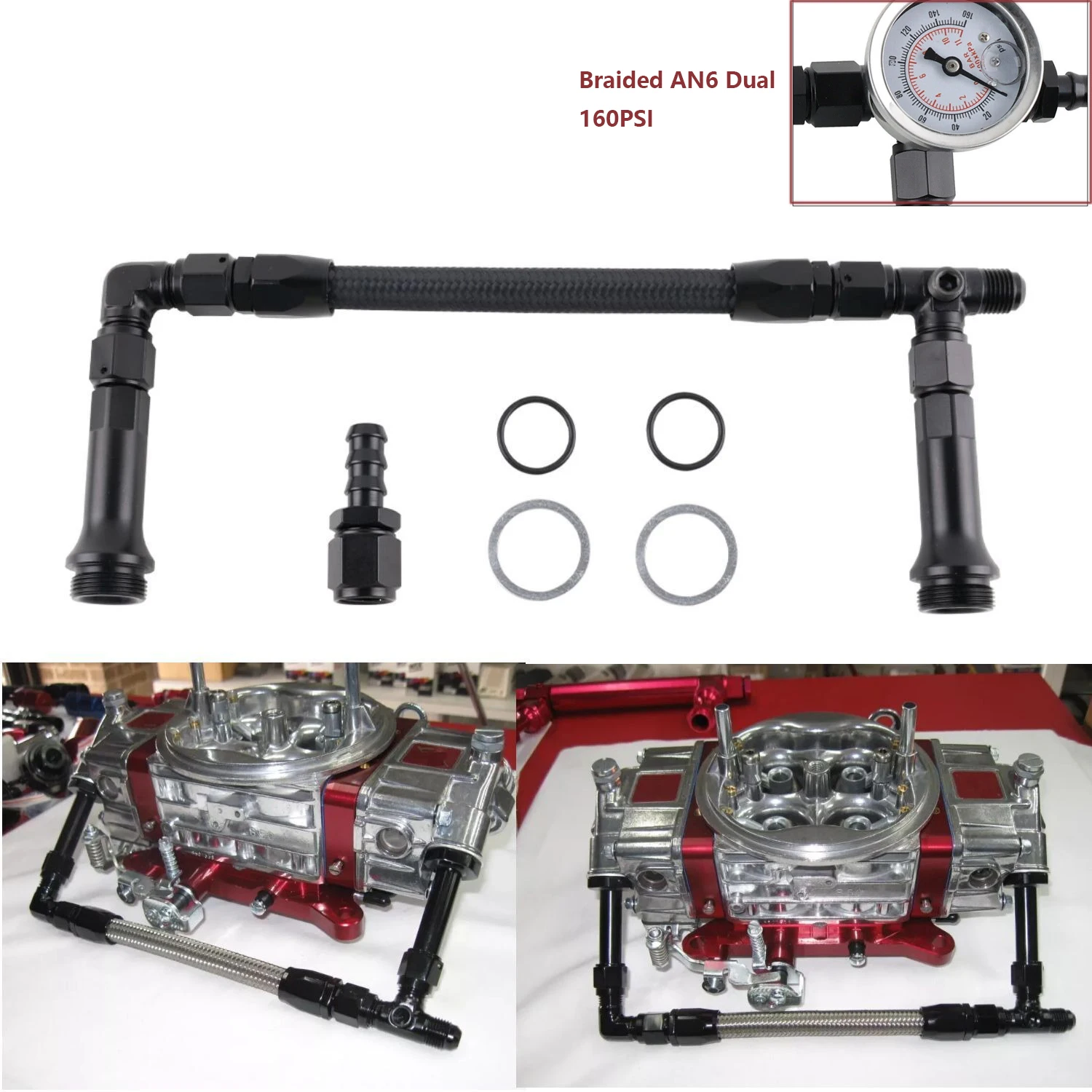 Kit línea combustible AN6 trenzada para Holley 4150 con manómetro - imagen 3
