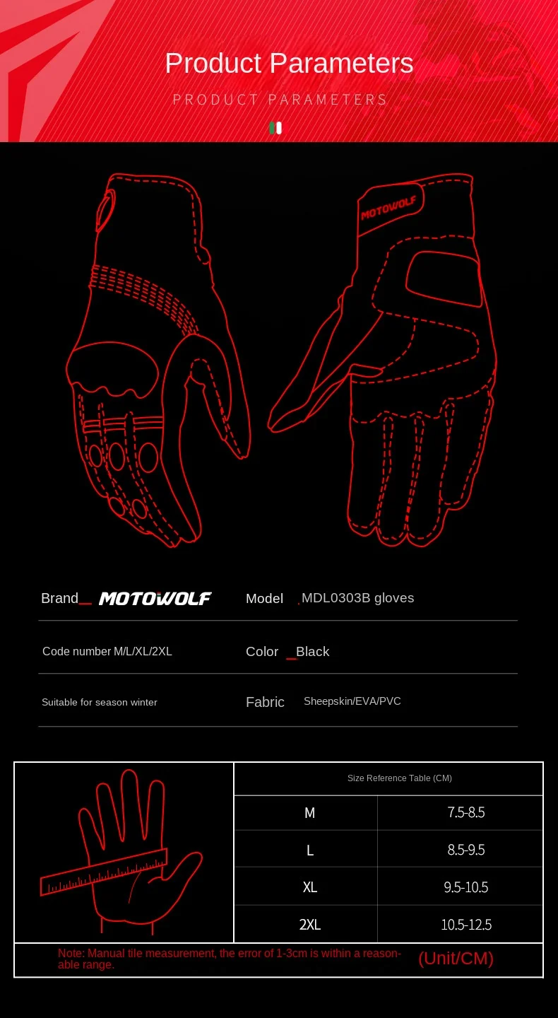 Guantes largos de cuero para moto, vista frontal