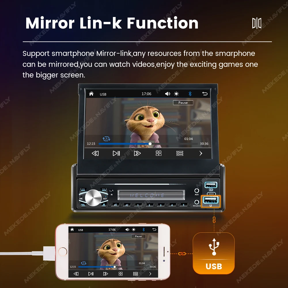 Radio 1 DIN MEKEDE con pantalla retráctil, CarPlay y Android Auto - imagen 4