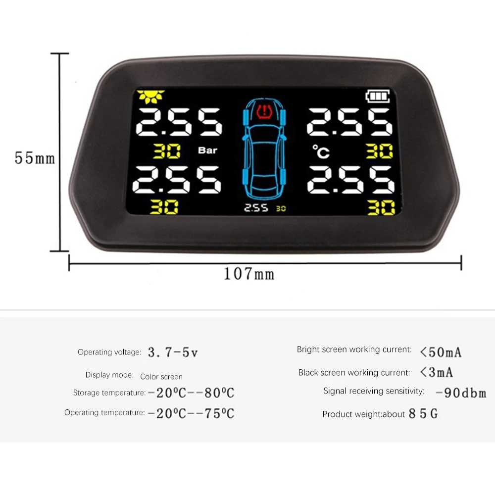 Monitor presión neumáticos TPMS con sensor solar externo y alarma