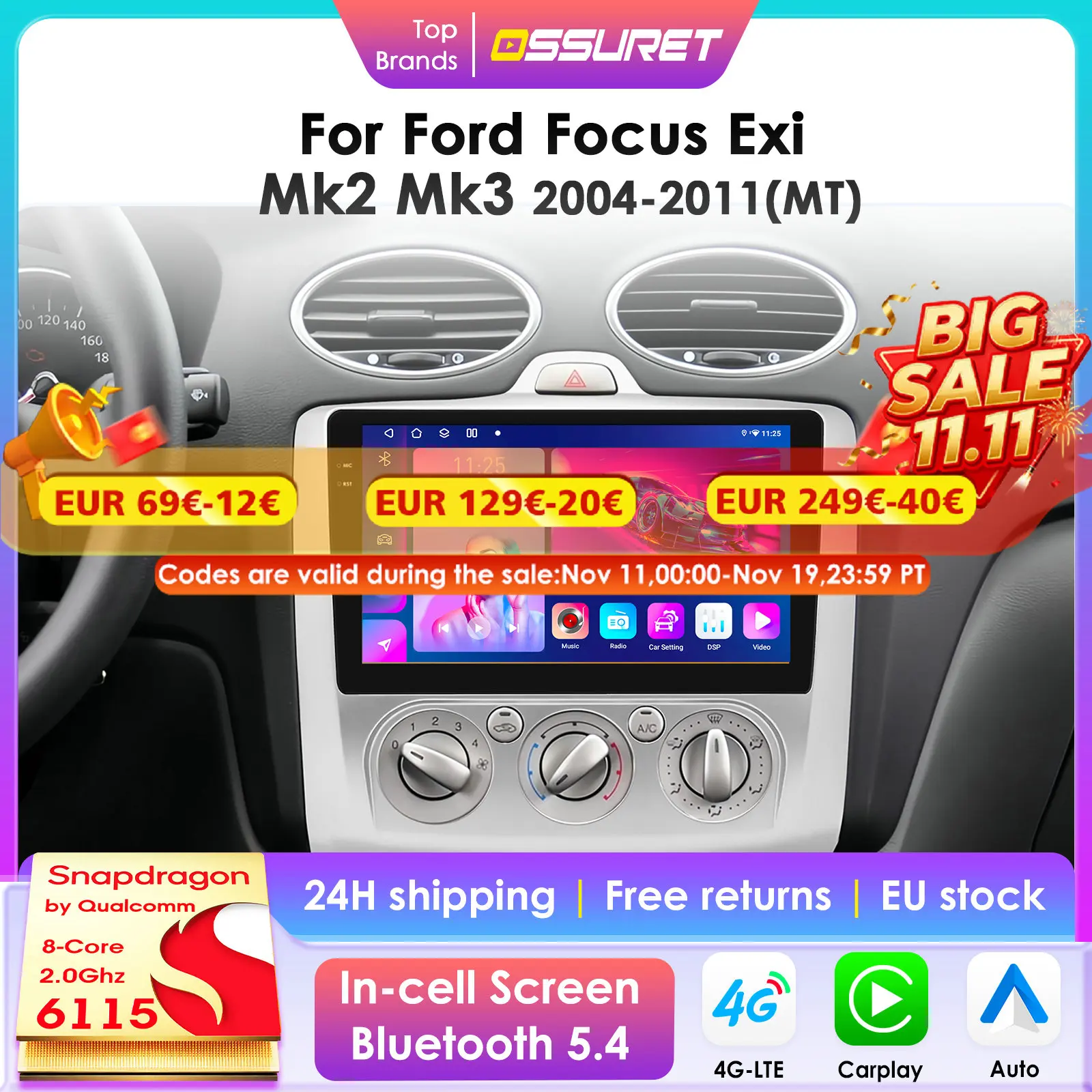 Autorradio 2 DIN Android 13 con GPS y CarPlay para Ford Focus MK2-MK3