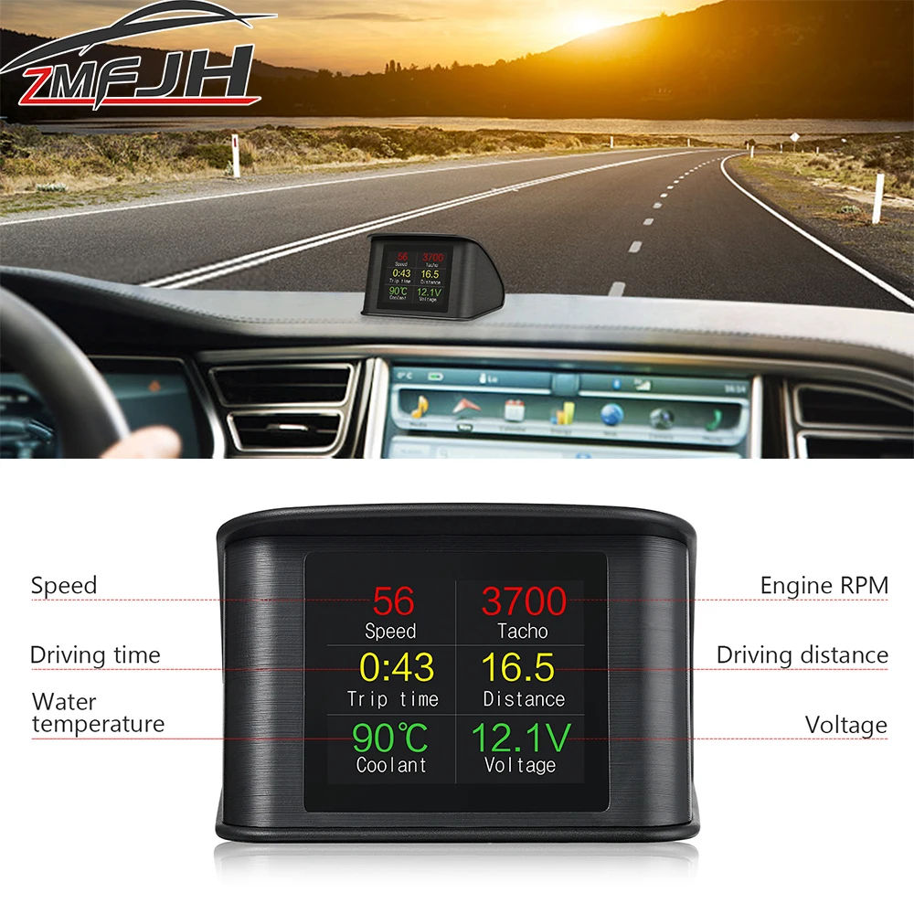 Pantalla de diagnóstico OBD2 con RPM, temperatura del agua y velocímetro