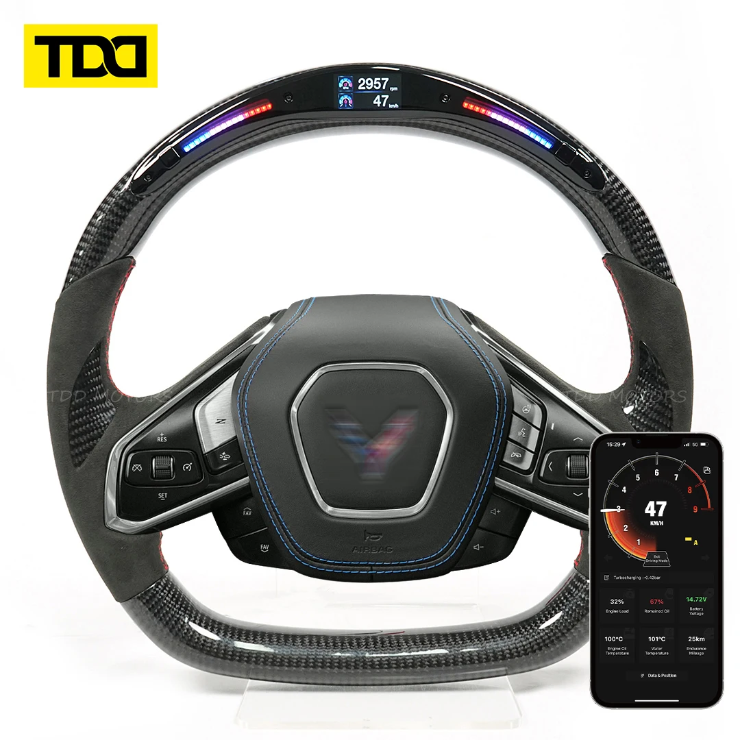 TDD-volante de fibra de carbono Real para Chevrolet C8 Corvette Z51 Z06 2020 2021 2022 2023 2024, volante de carreras de cuero calefactable - imagen 4