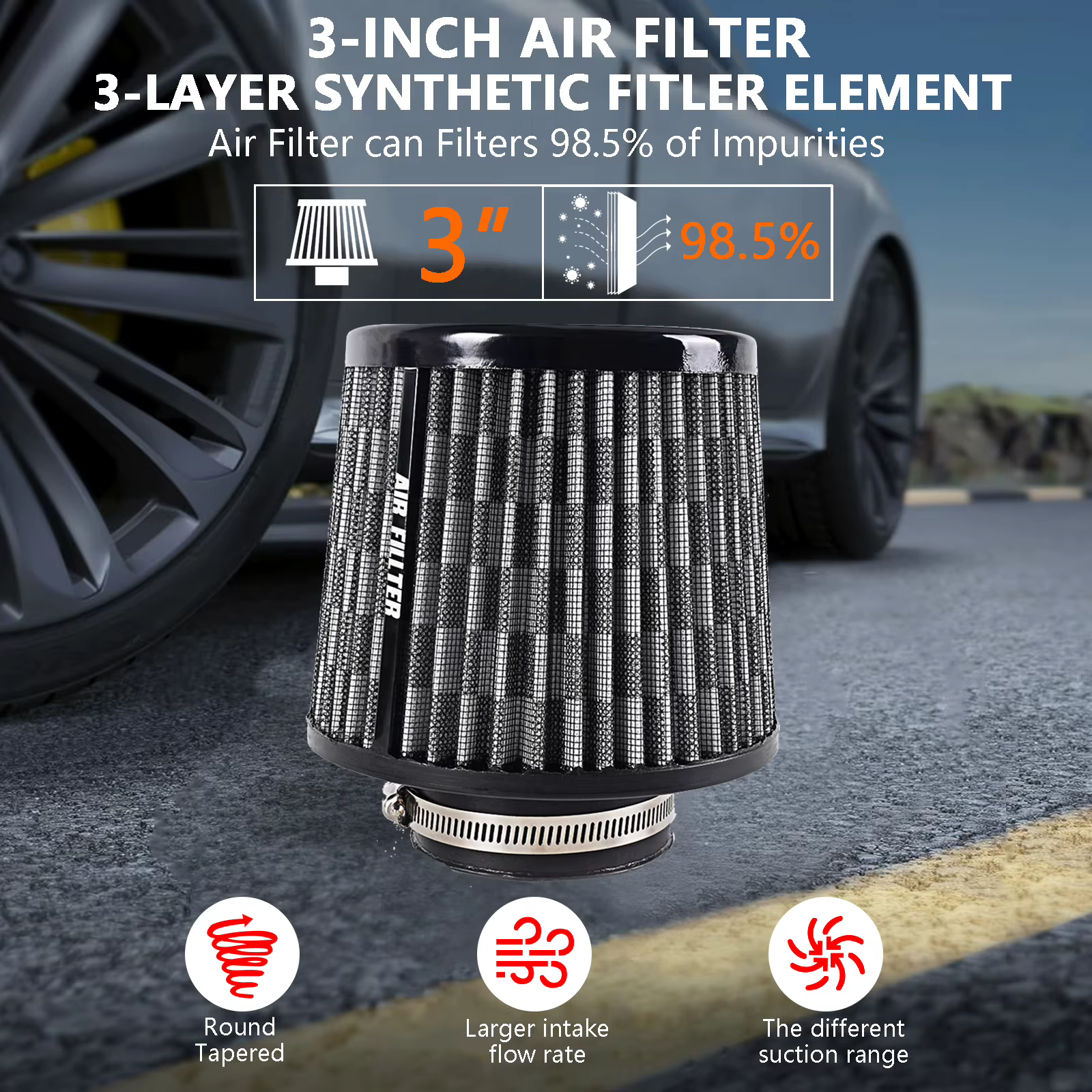 Filtro de aire cónico seco de alto flujo, conexión de 76 mm - imagen 2