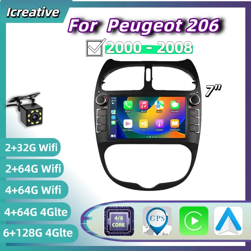 Radio Android 2DIN para Peugeot 206 CC con CarPlay y GPS
