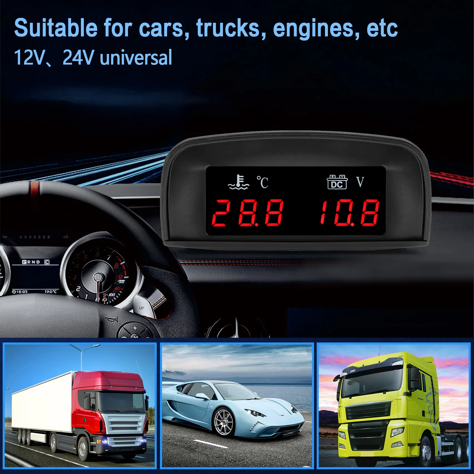 Medidor temperatura agua y voltímetro LCD 12V-24V para coche - imagen 2
