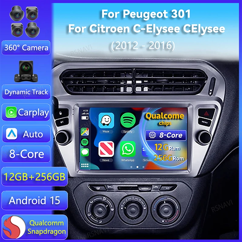 Radio Android 15 con GPS y CarPlay para Peugeot 301/Citroën C-Elysée