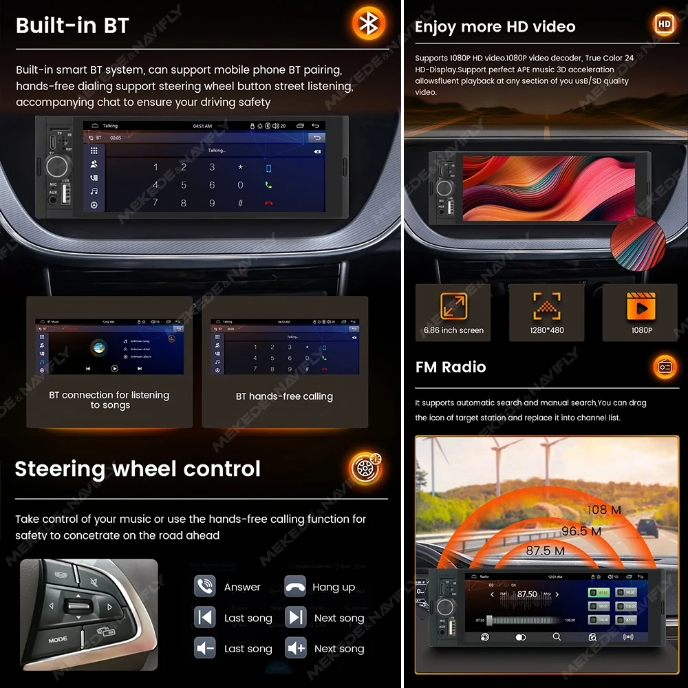 MEKEDE autorradio 1DIN 6,86" CarPlay Android Auto Bluetooth GPS - imagen 3