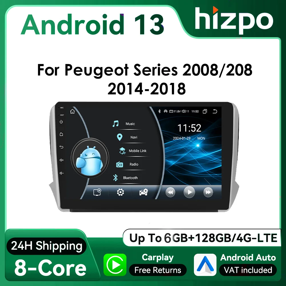 Hizpo Android Auto radio 2DIN para Peugeot 208 (2008-2018) con GPS