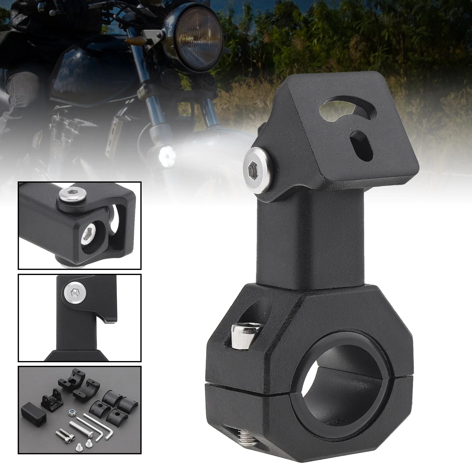 Soporte luces auxiliares moto aluminio barra toro 360° abrazadera