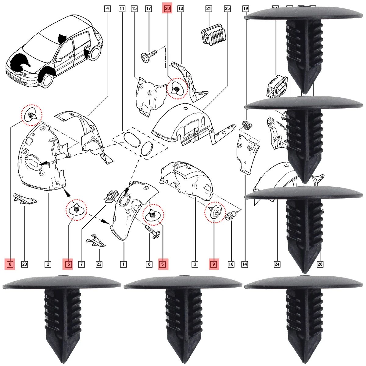 Clips de paso de rueda 10 mm para Toyota, VW y Renault Clio - imagen 4