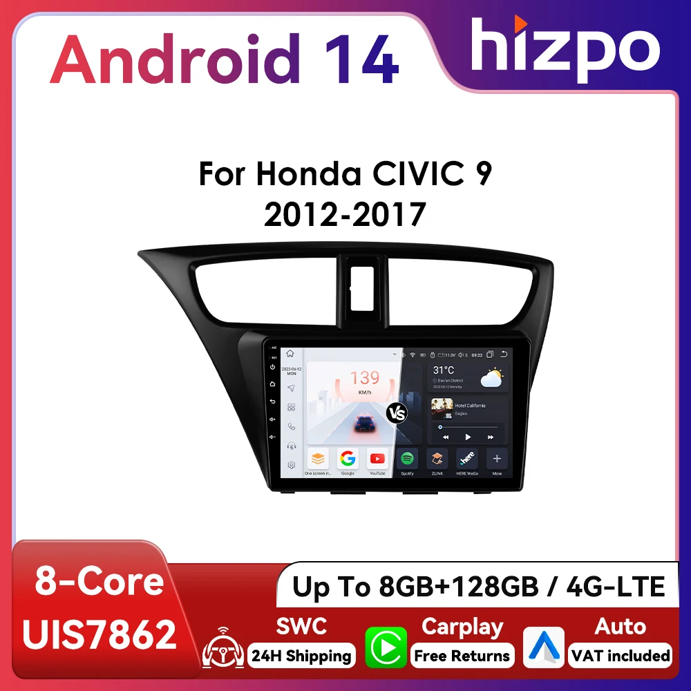 Hizpo Radio 2DIN Android 13 con GPS para Honda Civic 9 (2012-2017)