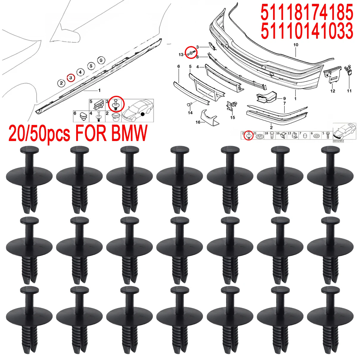Clips retenedores BMW Serie 3 5 7 OEM 51118174185 - parachoques y guardabarros