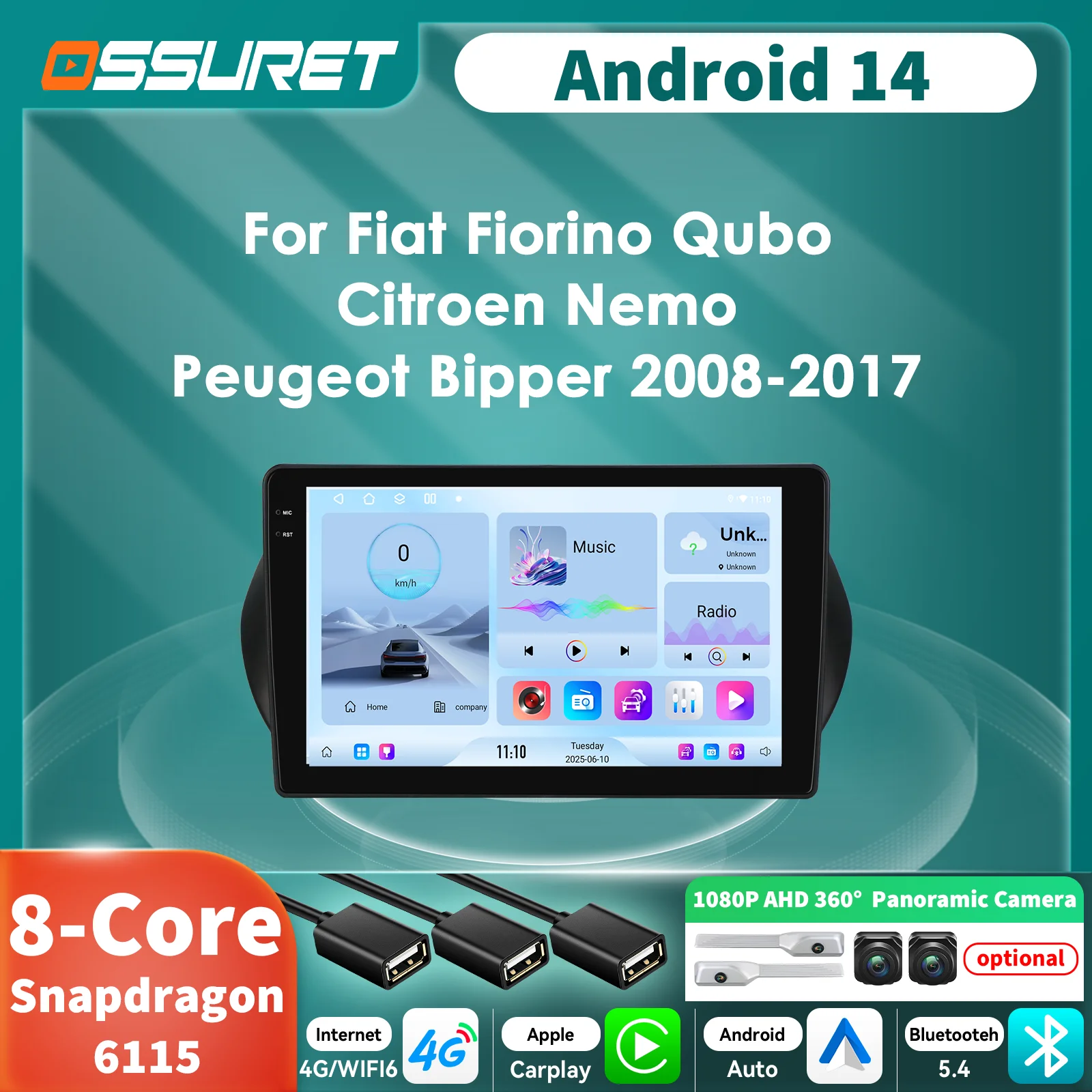 Autorradio Android 14 con CarPlay – Fiat Fiorino, Qubo, Nemo, Bipper