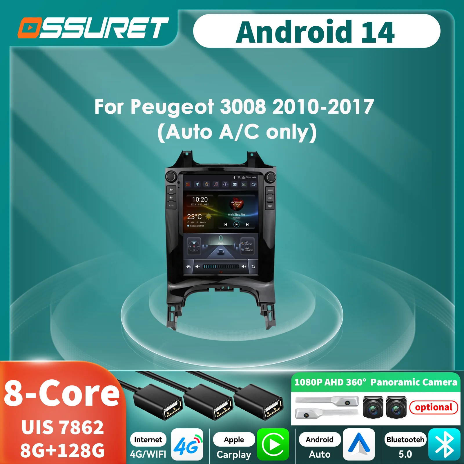 Autoradio Android 14 Peugeot 3008 2010-2017 con GPS y CarPlay