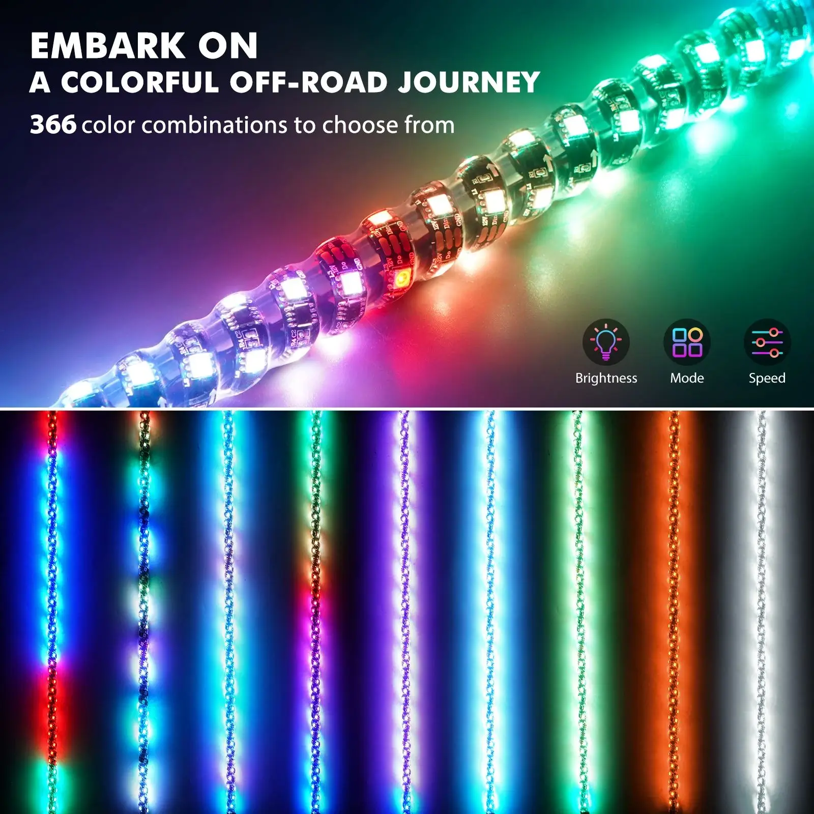 Luces de látigo LED BEVINSEE IP65 multicolor app – UTV todoterreno - imagen 2