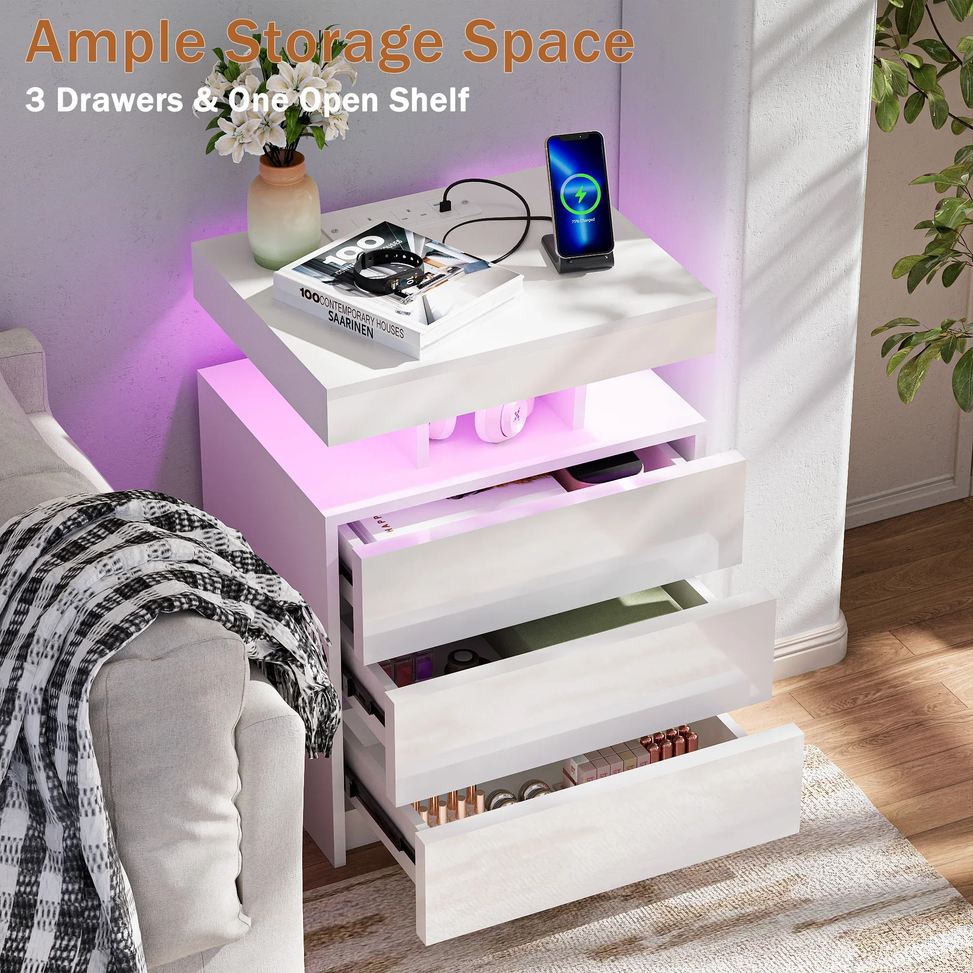 Mesita noche madera con USB y Bluetooth – 3 cajones para dormitorio