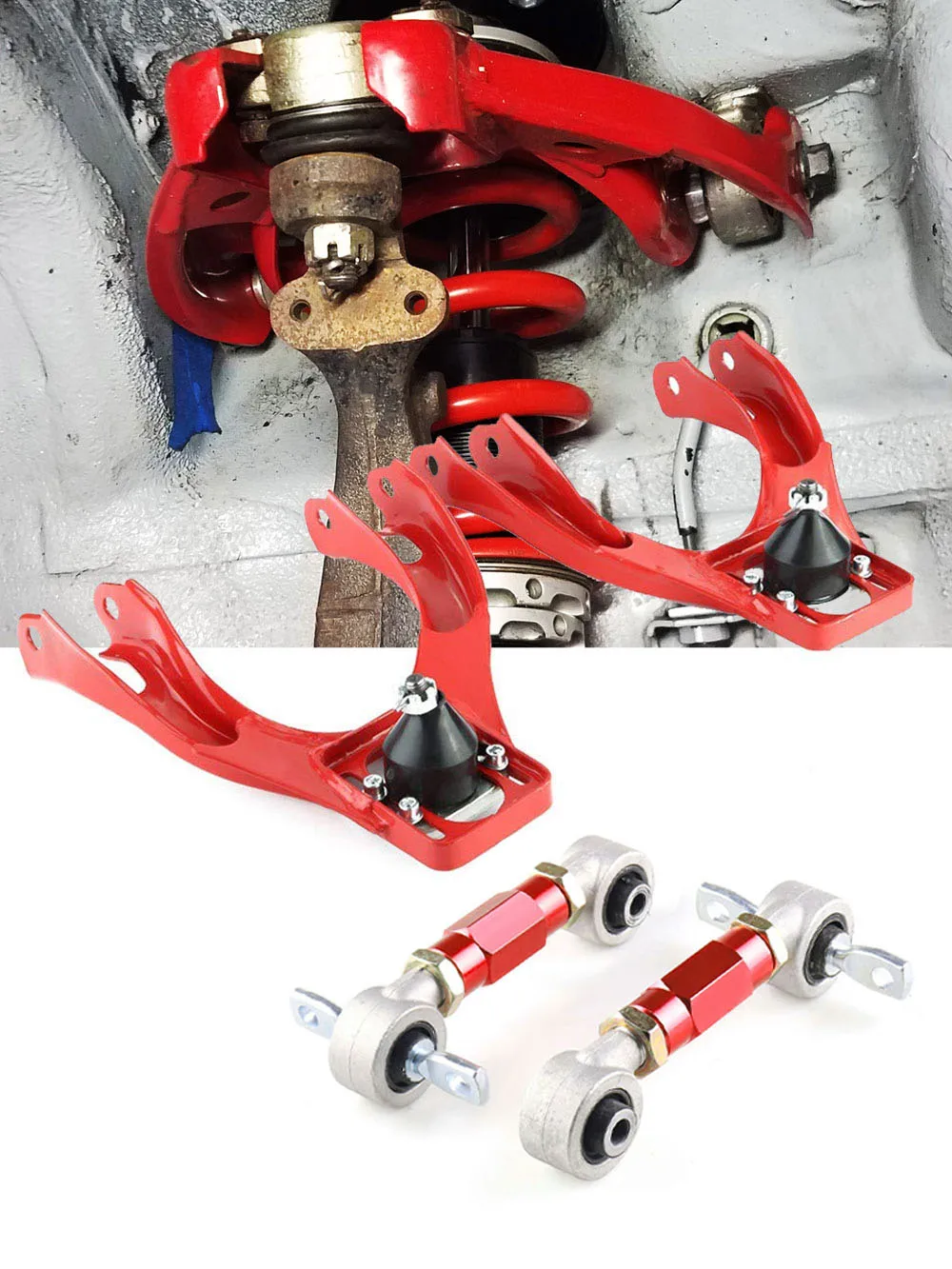 Vista frontal del kit de brazos de control ajustables rojos