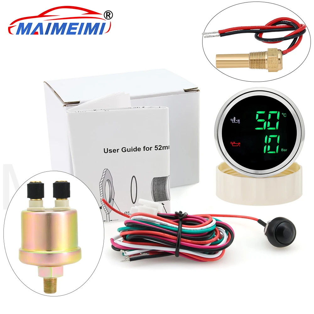 Medidor Digital de temperatura de aceite + presión de aceite 2 en 1 con Sensor de 0 ~ 10 Bar retroiluminación roja/verde medidor de coche de 52mm para coches barcos