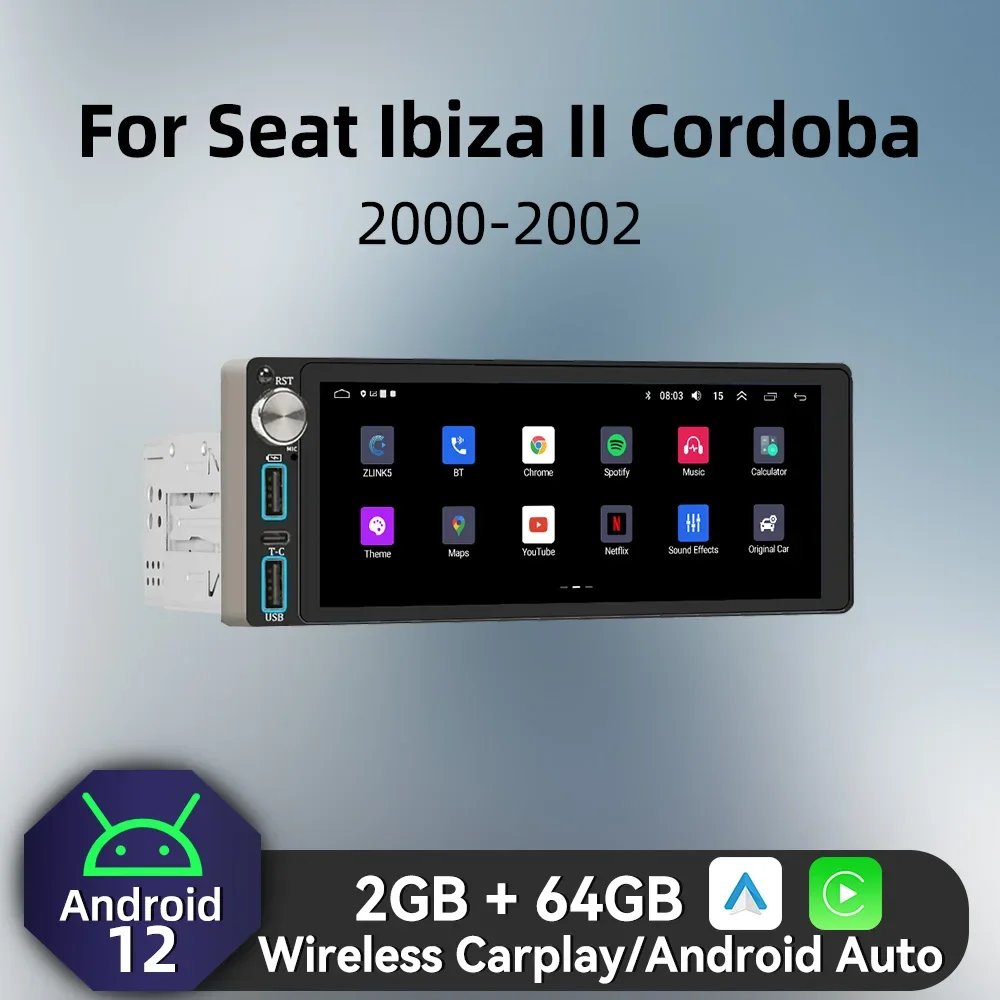 Radio Android CarPlay inalámbrico GPS 1DIN – Seat Ibiza II y Córdoba