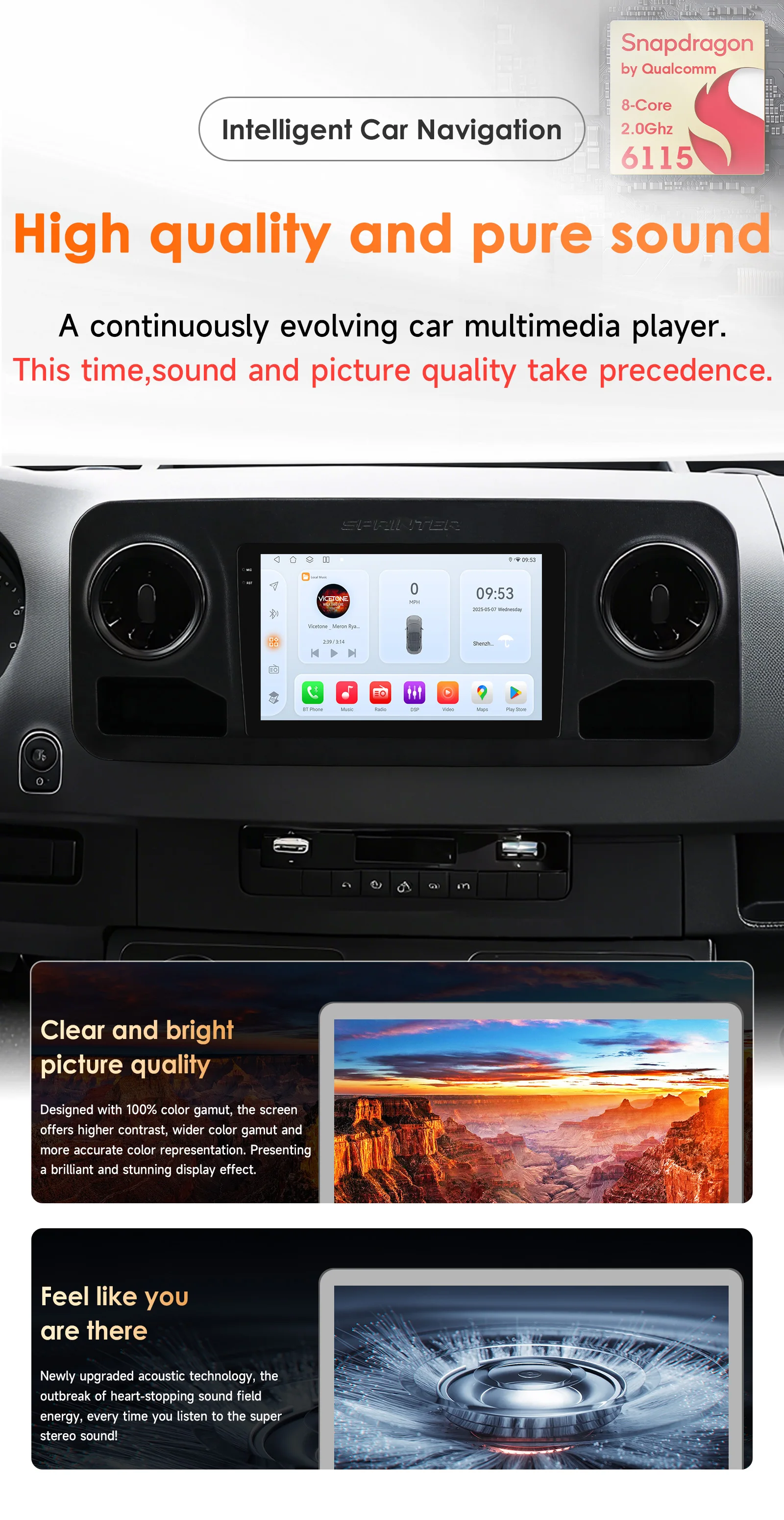 Autoradio Snapdragon 6115 con pantalla y entorno de salpicadero