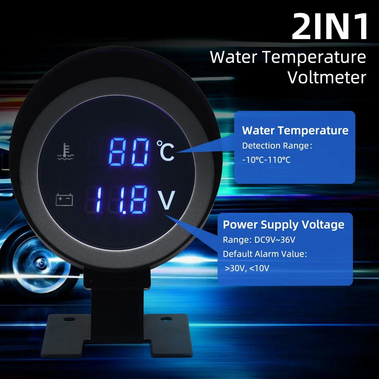 Medidor digital redondo de temperatura del agua y voltaje para vehículo
