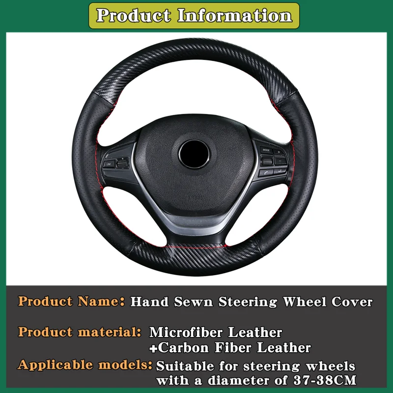 Envoltura de dirección trenzada hecha a mano para Interior de coche, accesorio Universal de cuero genuino de fibra de carbono, 38cm, con aguja e hilo - imagen 2