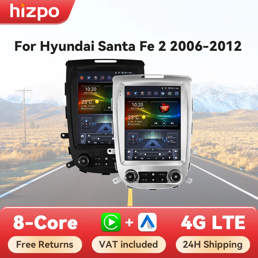 Hizpo-Radio con GPS para coche, reproductor multimedia con Carplay, 2DIN, 8 núcleos, estilo Tesla, Hyundai Santa Fe 2, años 2006 a 2012