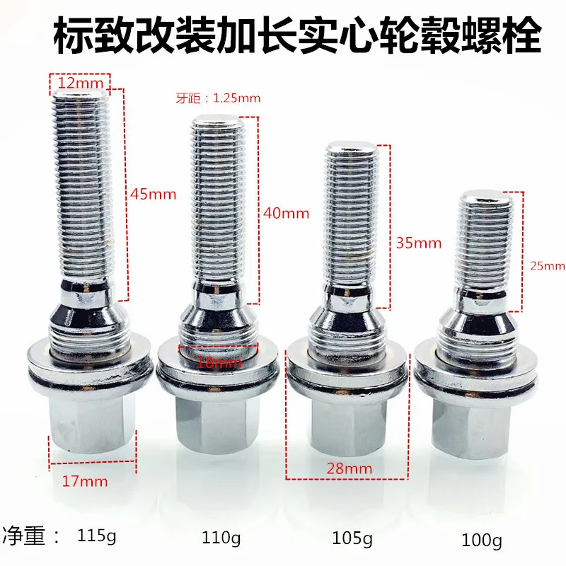 Tornillos de rueda extralargos M12x1,25 con cabeza hexagonal de 17 mm
