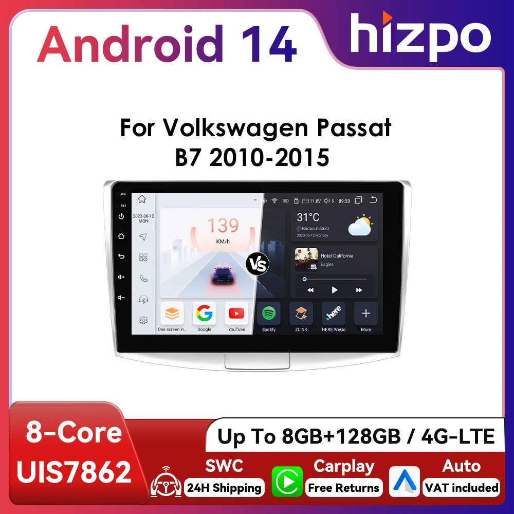 Radio GPS Android con CarPlay Hizpo para VW Passat B6/B7 2010-2015