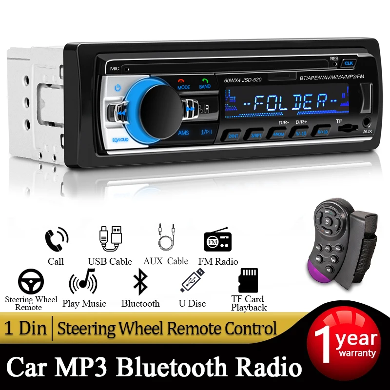 Radio 1 DIN Bluetooth para coche con MP3, USB y SD