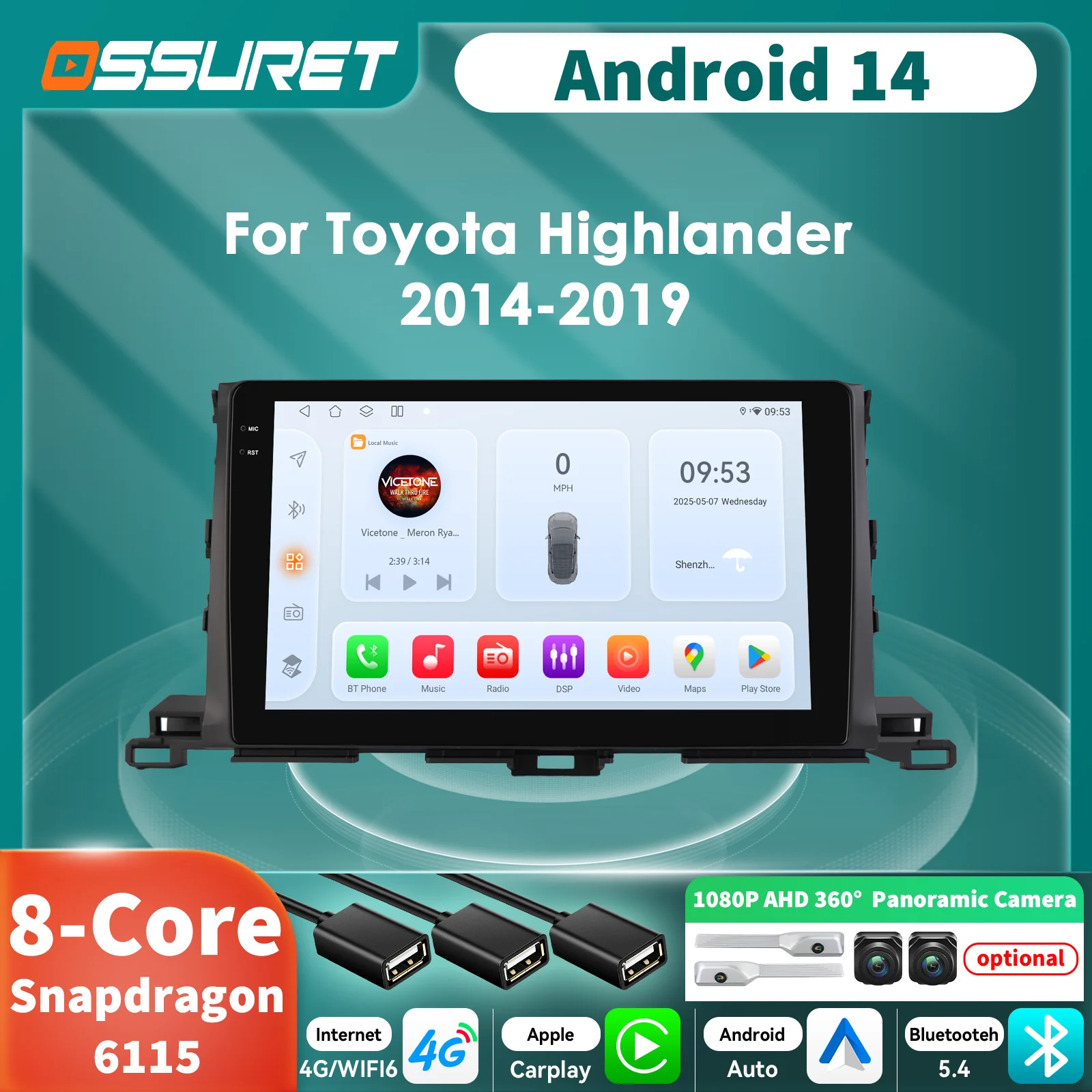 Radio Android 14 con CarPlay para Toyota Highlander 2014-2019