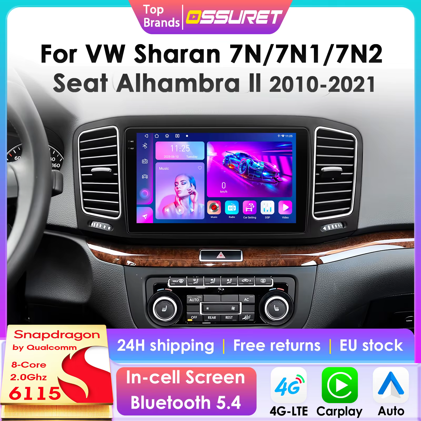 Radio Android 14 con CarPlay para VW Sharan 7N y SEAT Alhambra