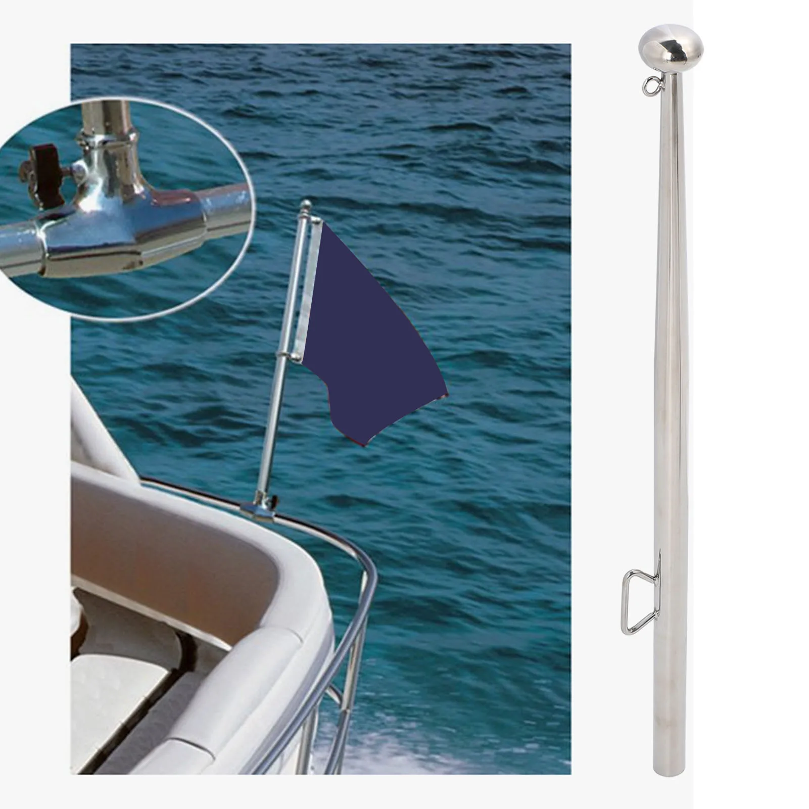Asta náutica para bandera de 610 mm con soporte de raíl de acero inoxidable 316