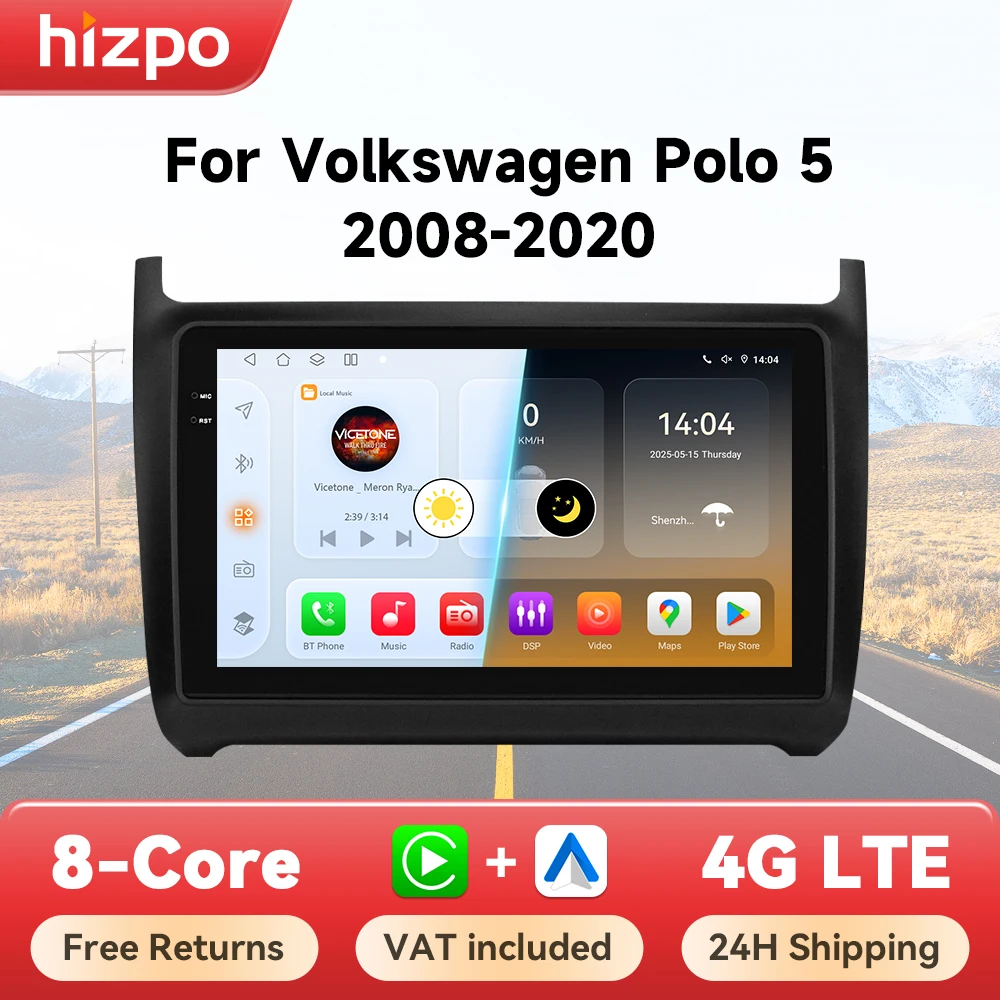 Hizpo Radio 2 DIN Android 14 con CarPlay y GPS para VW Polo V