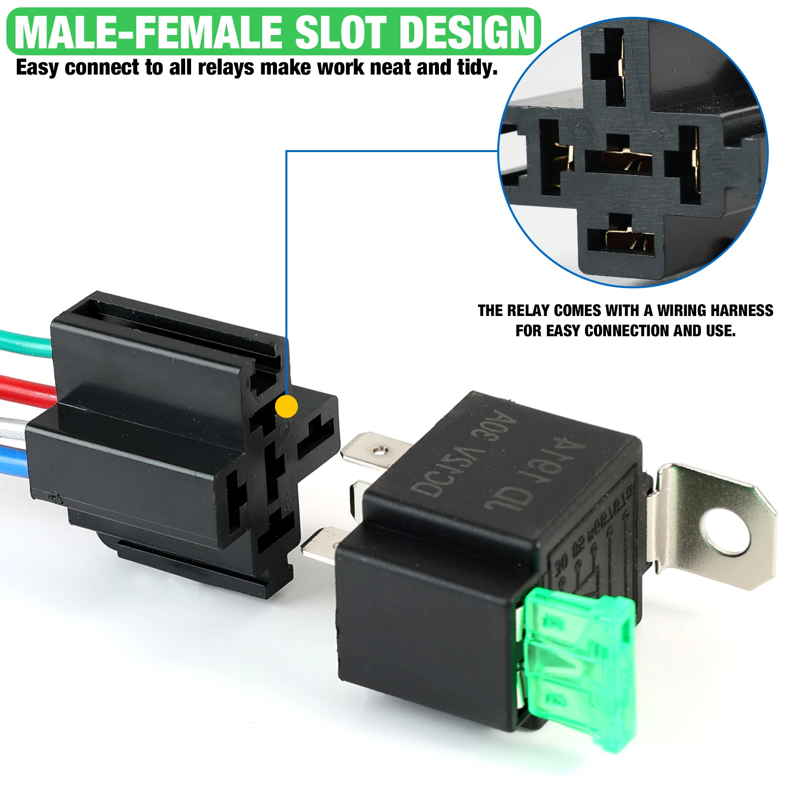 1 Uds. Relé de fusible de arnés 30A con entrelazado, enchufe pesado automotriz para coche, camión, furgoneta, motocicleta, barco, juego de 5 pines, 12V CC - imagen 2