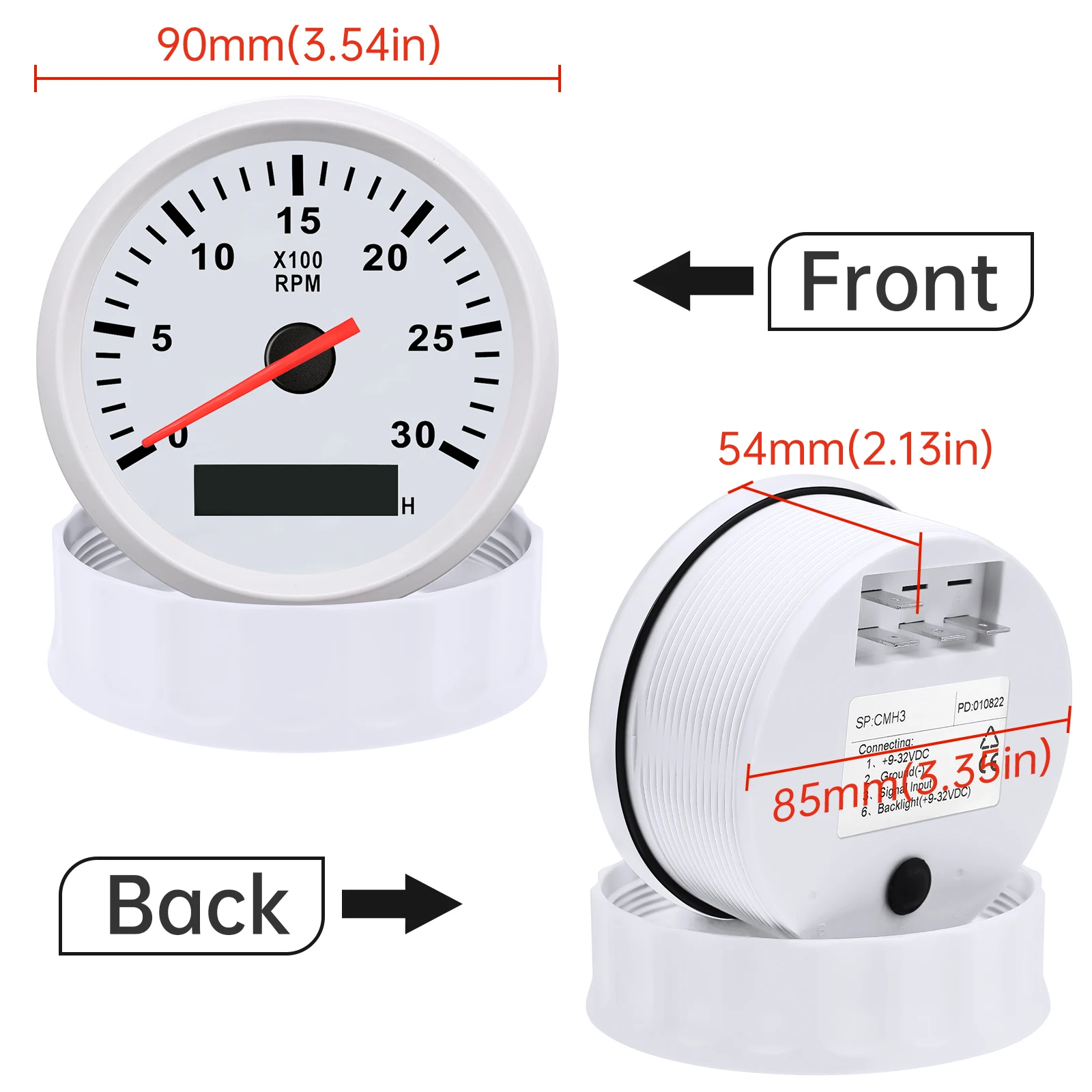 Tacómetro 85mm retroiluminación roja 3000 RPM 9-32V - imagen 3