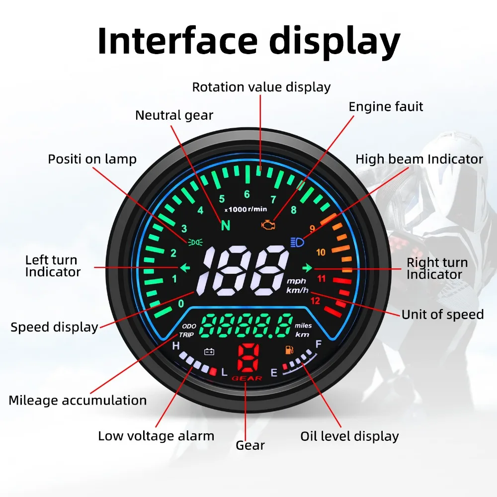 Tacómetro LED 12V con velocímetro para moto universal - imagen 2