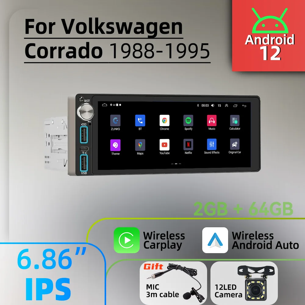 Autoradio Android Carplay 1Din para VW Corrado 1988-1995 con GPS