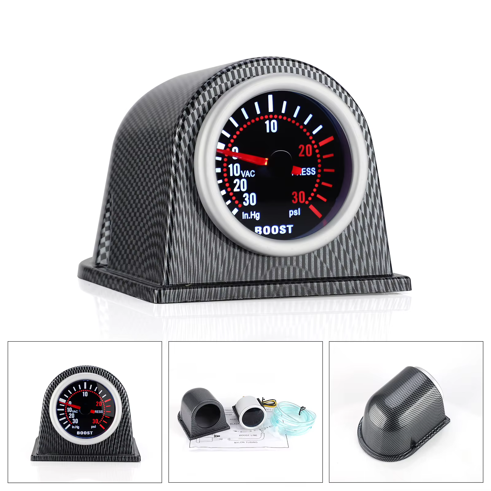 Manómetro turbo 52 mm 0-30 PSI universal, esfera fibra de carbono