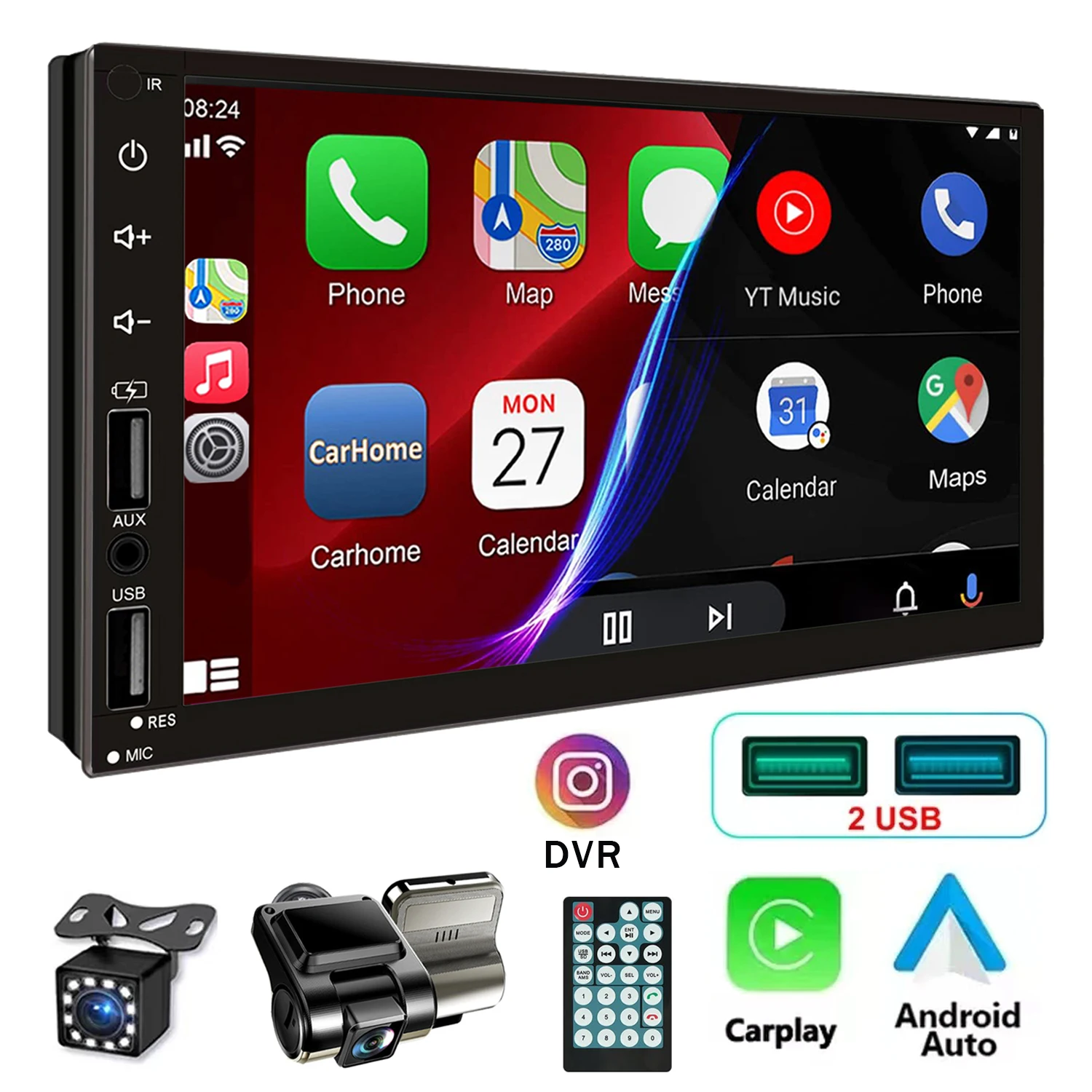 Radio 2 DIN pantalla táctil 7 pulgadas Full HD cámara trasera USB AUX