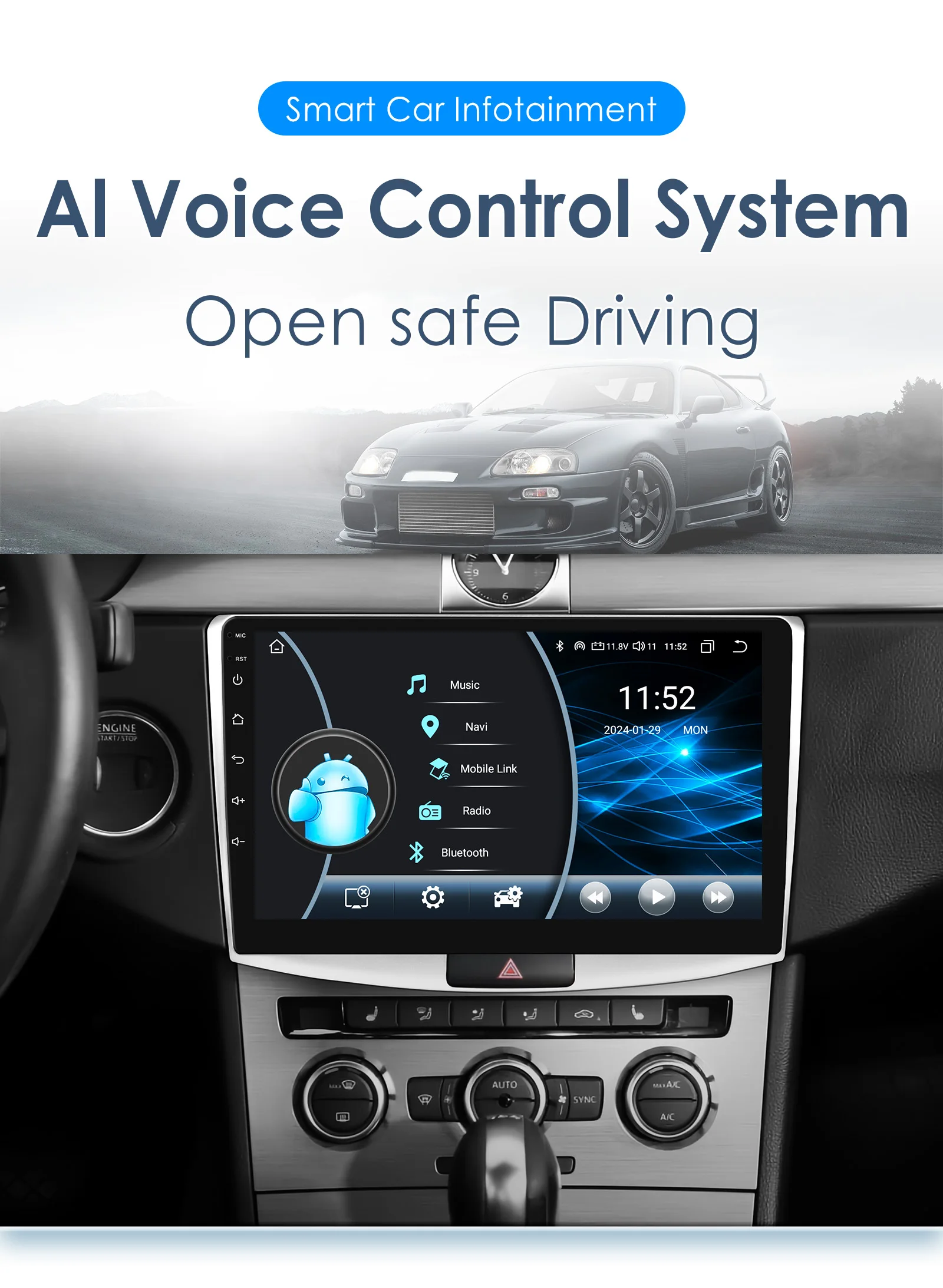 Vista frontal del autoradio Hizpo Android13 para Volkswagen Passat
